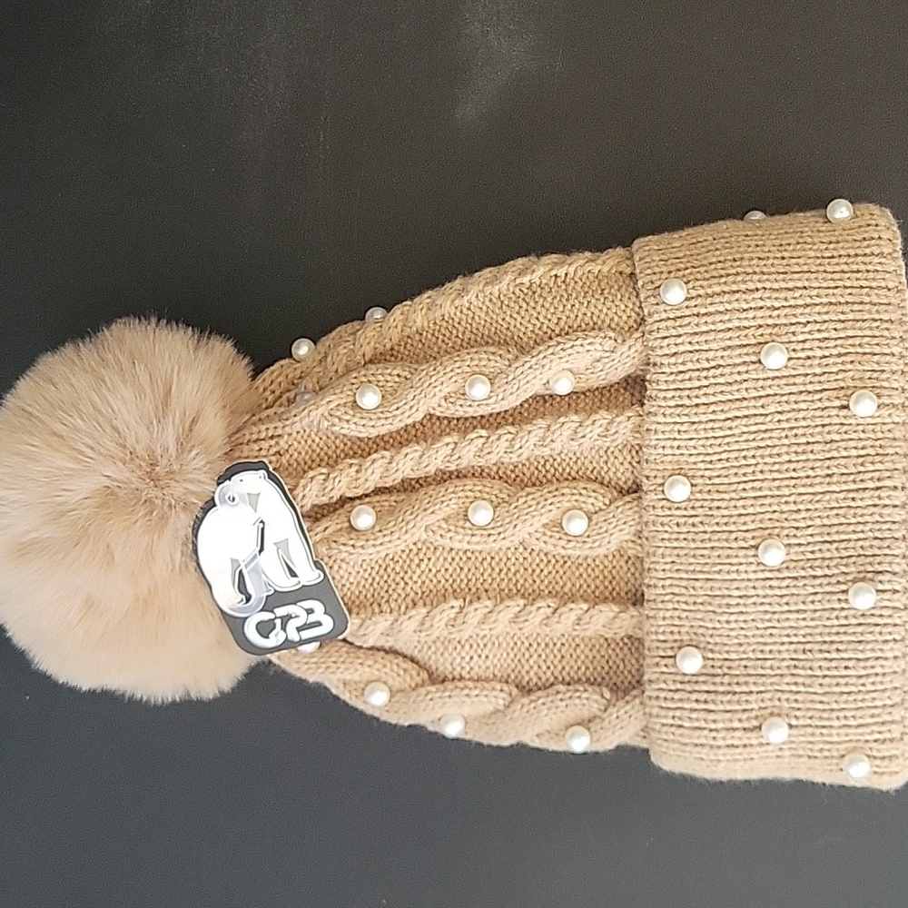 Beige Fur Lined Beanie Pom Hat With Faux Pearls - NWT